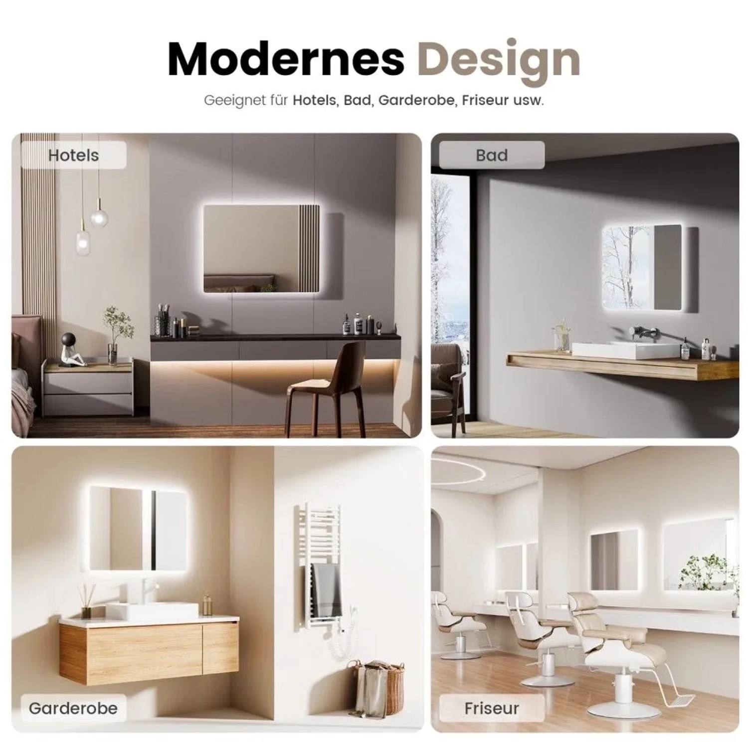 Emke LED-Badspiegel mit Beleuchtung und Anti-Beschlag in Hotel, Bad, Garderobe und Friseur. Modernes Design.