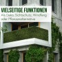 Buchsbaum-Wandfliesen in Grün-Gelb als Sichtschutz auf einem Balkon.