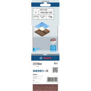 Bosch Schleifband-Set X440, 3-teilig für Bandschleifer. Schleifbänder in verschiedenen Körnungen.