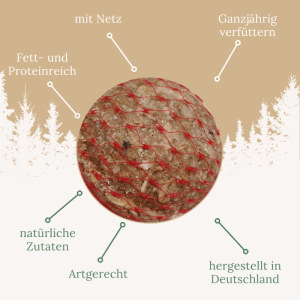 ORNI Meisenknödel mit Insekten im roten Netz für Wildvögel. Fett- und proteinreiches Ganzjahres-Vogelfutter.