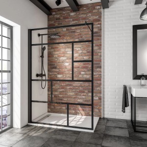 Schulte Alexa Style 2.0 Walk-In Duschwand mit schwarzem Rahmen und Atelier 1 Dekor.
