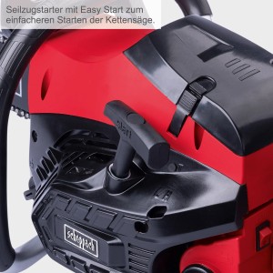 Detailaufnahme: Scheppach PCS53 Benzin-Kettensäge mit Easy Start Seilzugstarter.