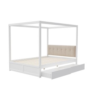 Weißes Himmelbett 140x200cm aus Holz mit beigem Polsterkopfteil und ausziehbarer Schublade für Stauraum.