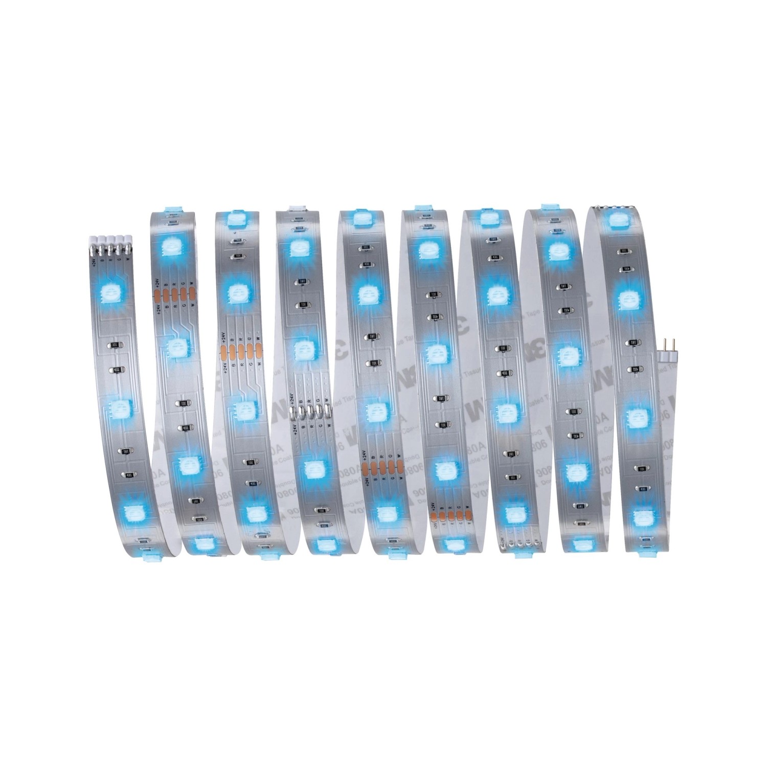 Flexibler Paulmann MaxLED 250 RGBW LED-Streifen, 2,5 m, silber, mit blauen LEDs.
