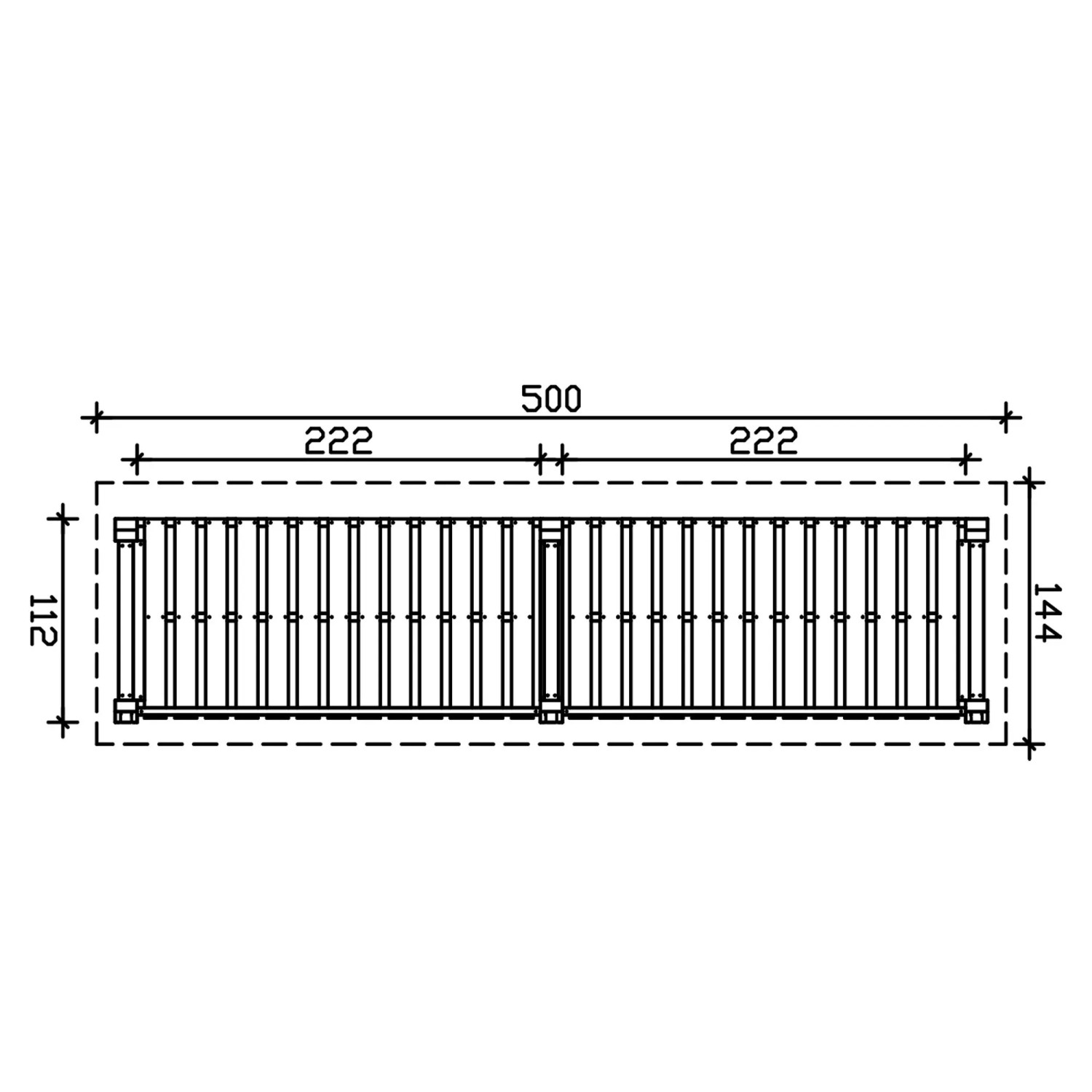 Technische Zeichnung: Skan Holz Holzunterstand Holm 2, Draufsicht mit Maßen 500x144 cm für Kaminholzregal.
