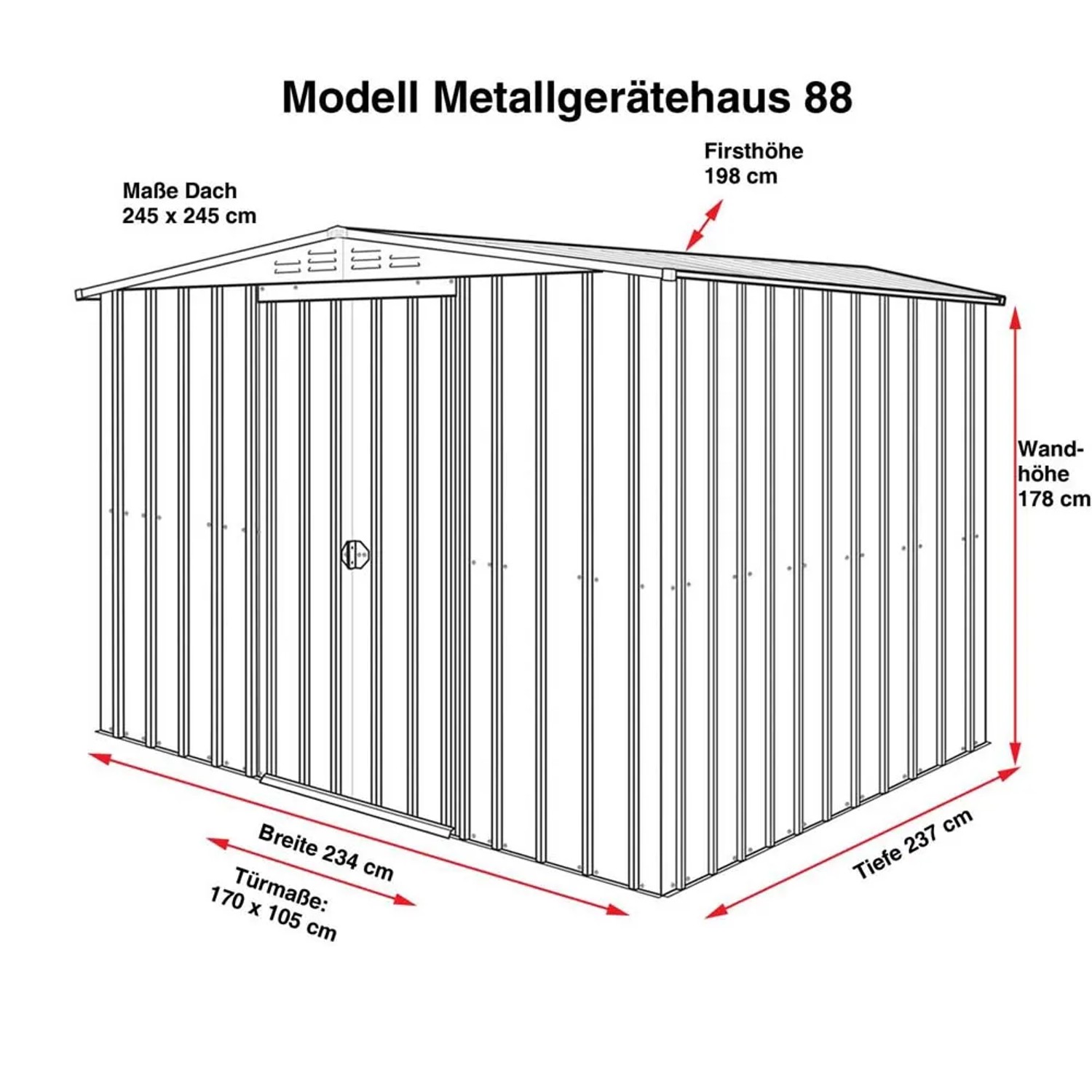 Globel Metall-Gerätehaus 8x8 in Silber Metallic: Schema mit Maßen für Breite, Tiefe und Höhe.