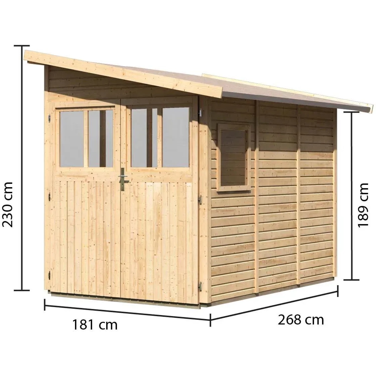 Karibu Holz-Gartenhaus Kristiansund, unbehandelt, mit Pultdach und Maßangaben.