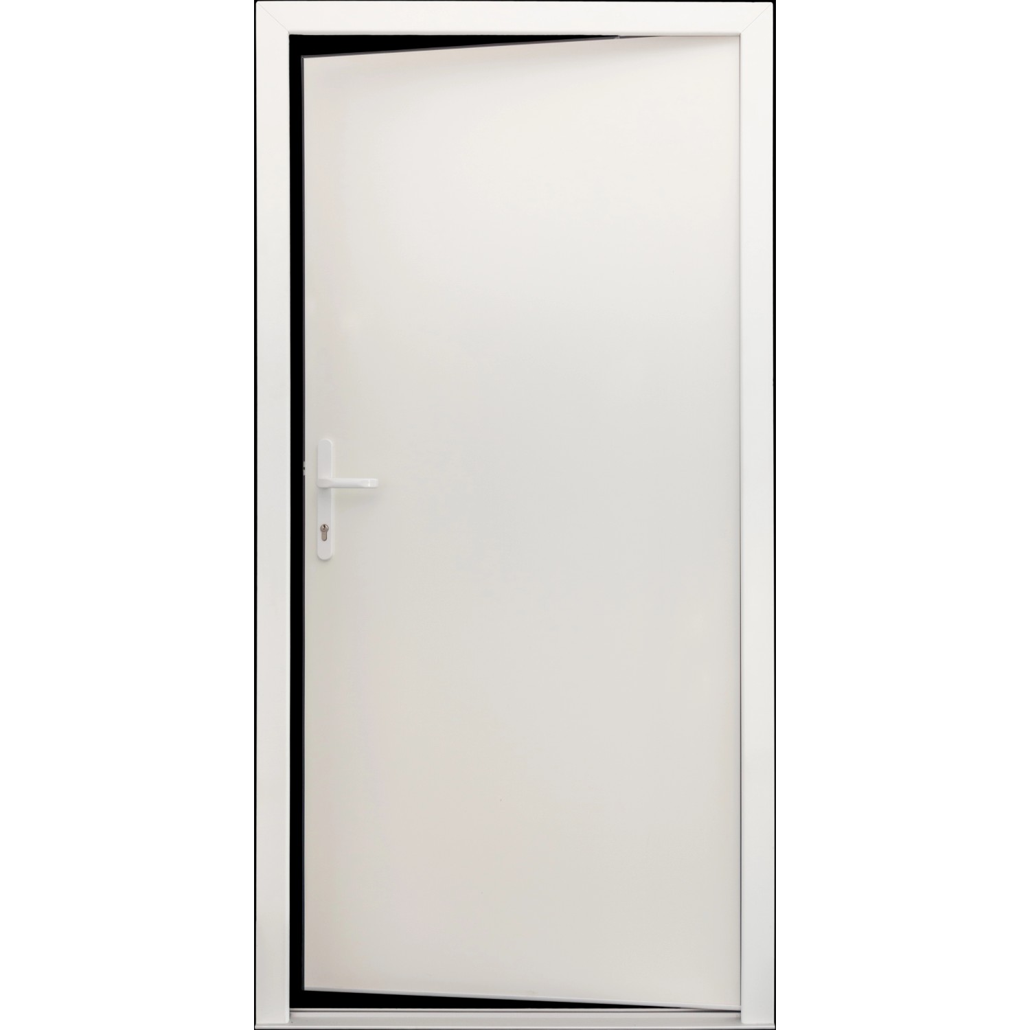 Weiße Stahl-Nebeneingangstür NS1, nach innen öffnend, mit Griff und Schloss.