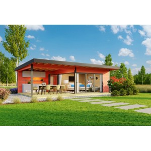 Lasita Maja Ferienhaus Domeo 10, schwedenrot, mit Anbau und Terrasse im Garten.