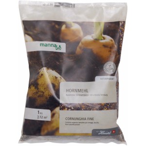 Packung Manna Bio Hornmehl 1 kg, natürlicher Stickstoffdünger für Garten und Pflanzen.