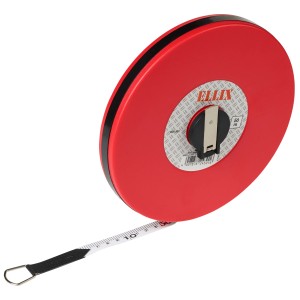 Langbandmaß 50m von ELLIX mit rotem Kunststoffgehäuse und ausziebarem Fiberglas-Band.