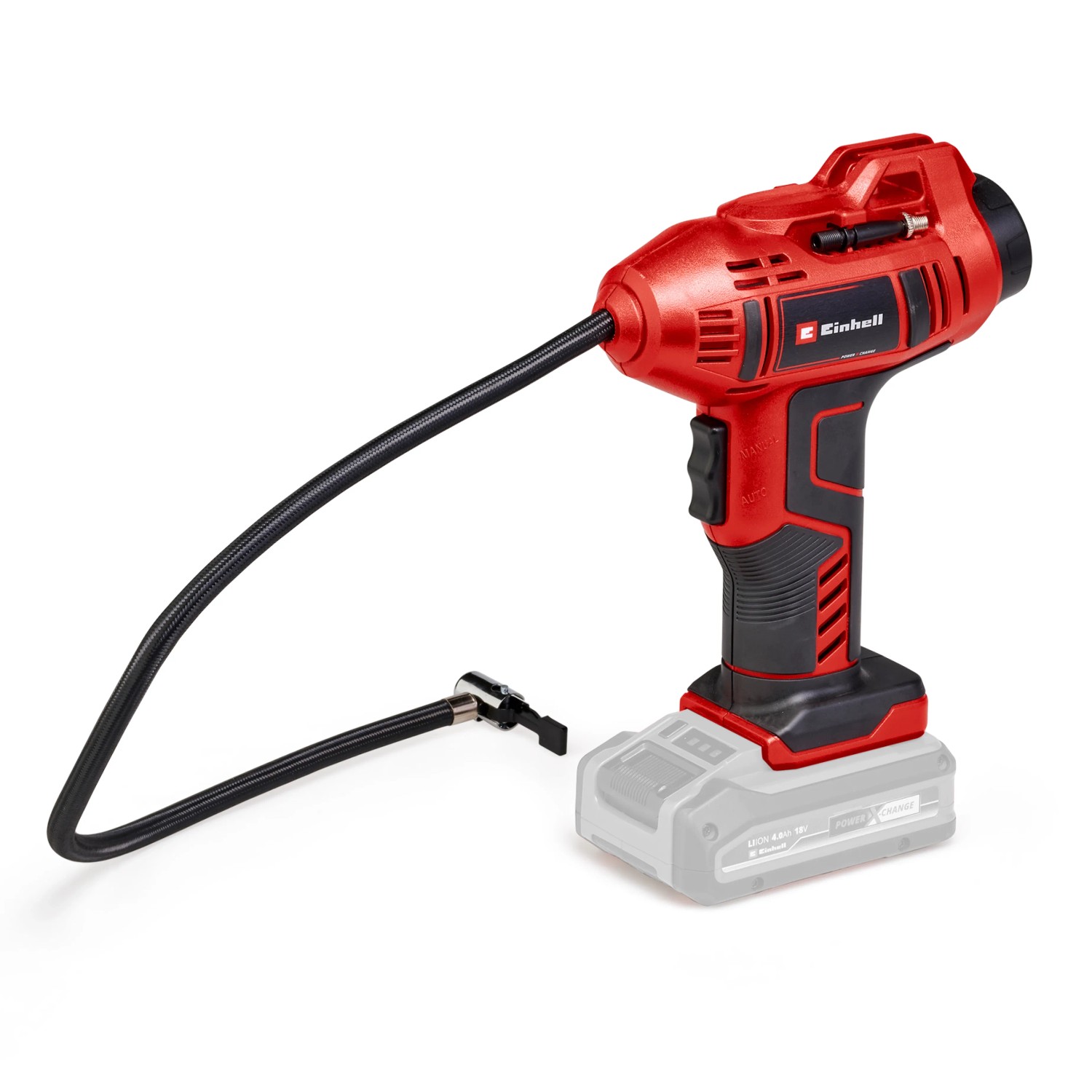 Einhell Akku-Autokompressor CE-CC 18 Li-Solo (ohne Akku). Mobiler Kompressor in Rot/Schwarz mit Schlauch.