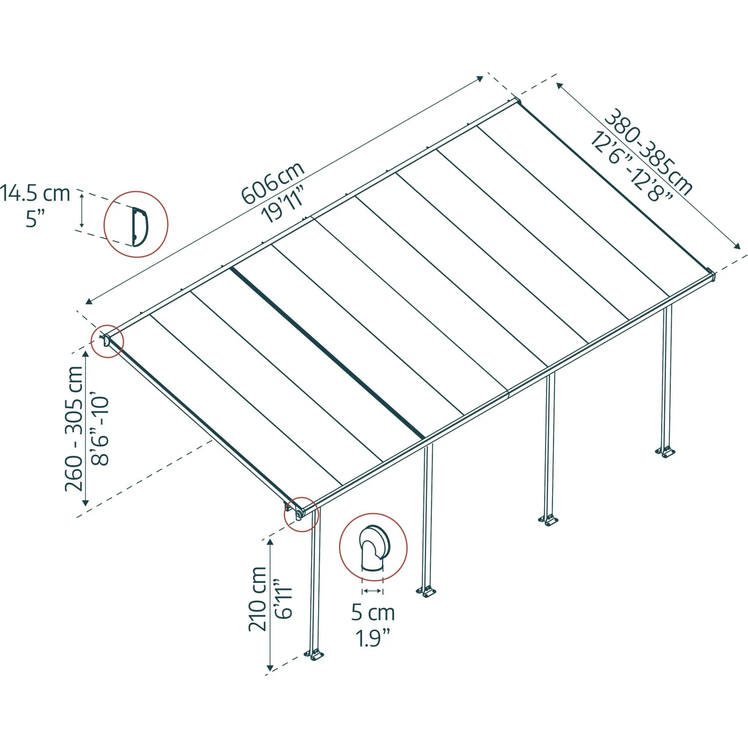 Technische Zeichnung der weißen Palram Canopia Terrassenüberdachung Feria 4x6.06 mit Maßangaben.