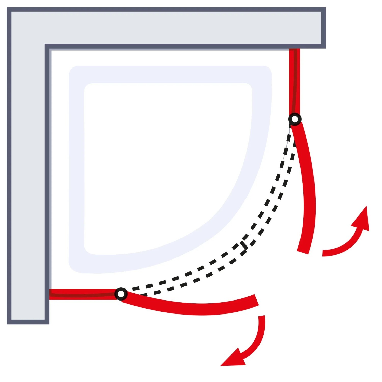 Skizze einer Schulte Runddusche Garant 2.0 90x90, Alu-Natur, mit geöffneter Pendeltür.