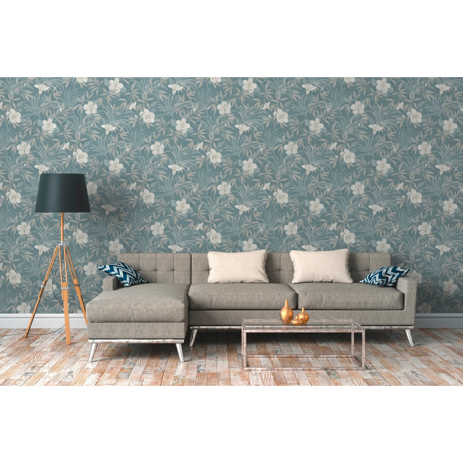 Beige-blaue Vliestapete mit Blumen- und Dschungelmotiv, leicht strukturiert, matt.