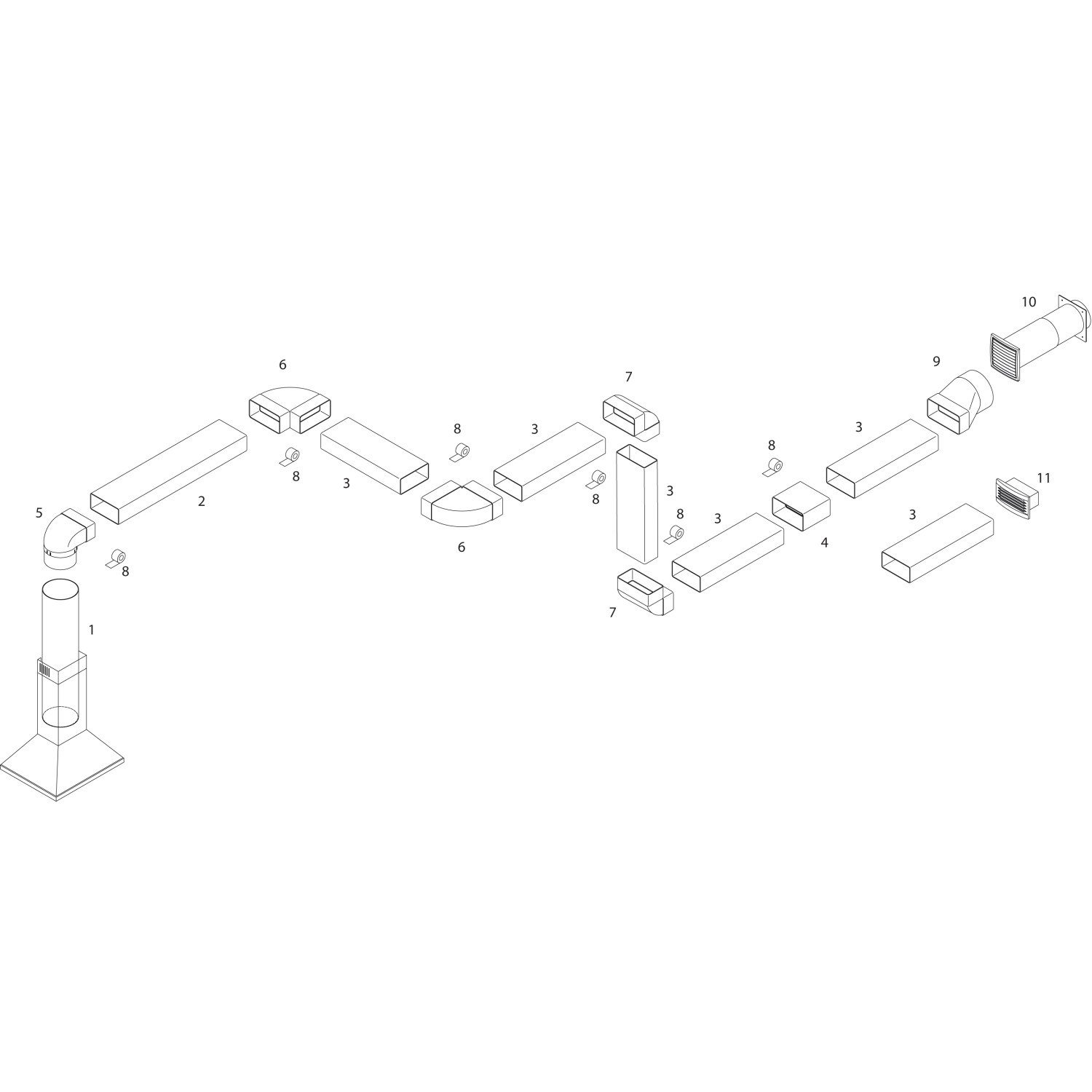 Übersicht der System 100 Flachkanäle und Formteile, inklusive Vierkantrohr 0,5 m.