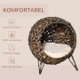 Rundes PawHut Katzenhaus aus Rattan-Geflecht mit beigem Kissen auf erhöhten Füßen. Gemütlicher Katzenkorb.