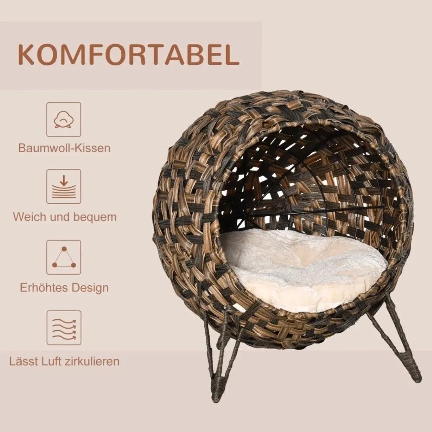 Rundes PawHut Katzenhaus aus Rattan-Geflecht mit beigem Kissen auf erhöhten Füßen. Gemütlicher Katzenkorb.
