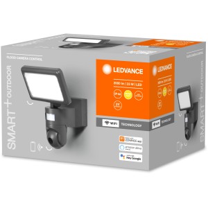 Verpackung der Ledvance LED-Außenleuchte Smart+ Flood Camera Control in Dunkelgrau.