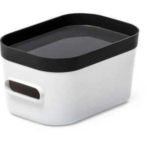 Weiße SmartStore Compact XS Aufbewahrungsbox mit schwarzem Deckel. Ideal für Bad und Büro.