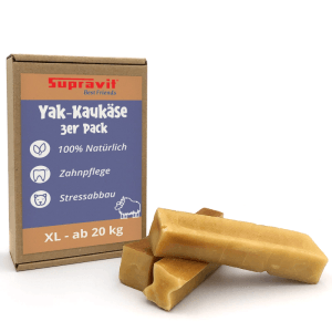 Supravit Yak Kaukäse XL 3er Pack für Hunde. Drei gelbe Kauknochen neben der braunen Verpackung. Natürlicher Kausnack zur Zahnpflege.