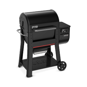 Schwarzer Weber Searwood Holzpelletgrill mit digitaler Steuerung und Ablagefläche.