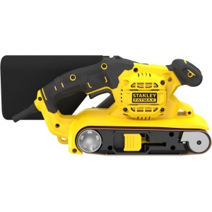 Gelber Stanley FatMax Bandschleifer FMEW204K mit Staubfangsack und 1.010 W Leistung.
