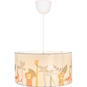 Kinderzimmer-Pendelleuchte Safari Adventure mit Tierprint, Ø 40 cm. Bunte Dschungel-Optik für Kinder.