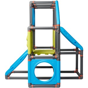 BIG Kletterturm Kraxxl The Frame: Klettergerüst mit 3 Ebenen, Kletterwand und Ringen in Grau, Blau und Grün.