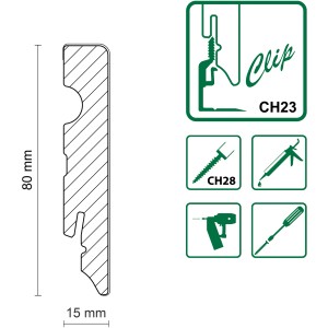Profil der weißen FN Neuhofer Sockelleiste FU084L (15x80x2400 mm) mit Clip-Montage und Zubehör.