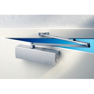 Burg Wächter Türschließer TS 2000 V S SB, silberner Türschließer an weißer Tür montiert.