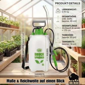 BigDean Drucksprüher 5 Liter 3 Bar Sprühstange Düse Aus Edelstahl Lanze Schlauch