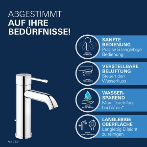 Grohe Essence Waschtischarmatur in Chrom, S-Size. Elegante Armatur für Waschbecken im Badezimmer.