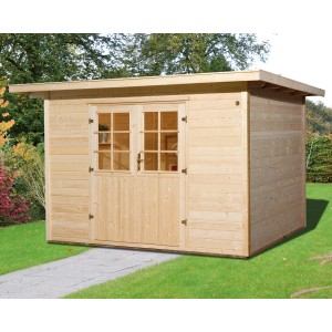 Unbehandeltes weka Holz-Gartenhaus Taro B mit Doppeltür und Pultdach im Garten.