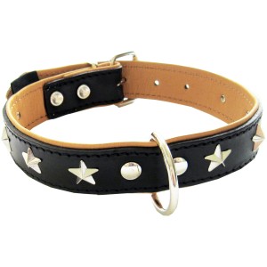 Schwarzes Heim Hunde-Schmuckhalsband mit Stern-Applikationen, 25 mm breit und 60 cm lang.