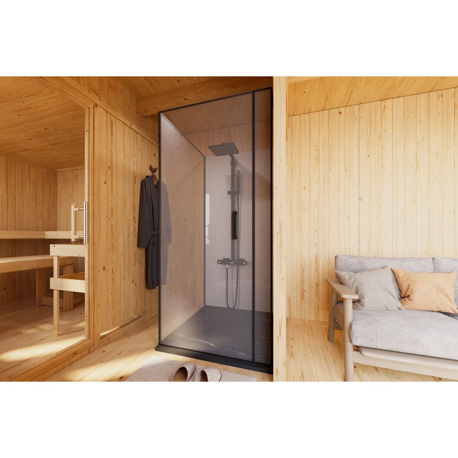 Innenansicht Karibu Saunahaus "Huelva" mit Dusch-Séparée und Sitzbereich.