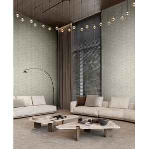 Beige Vliestapete mit modernem Dreiecksmuster von Marburg im Wohnraum.