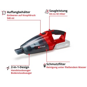 Einhell Akku-Handstaubsauger TE-VC 18 Li Solo (ohne Akku). Kompakter, roter Akkusauger mit transparentem Staubbehälter.