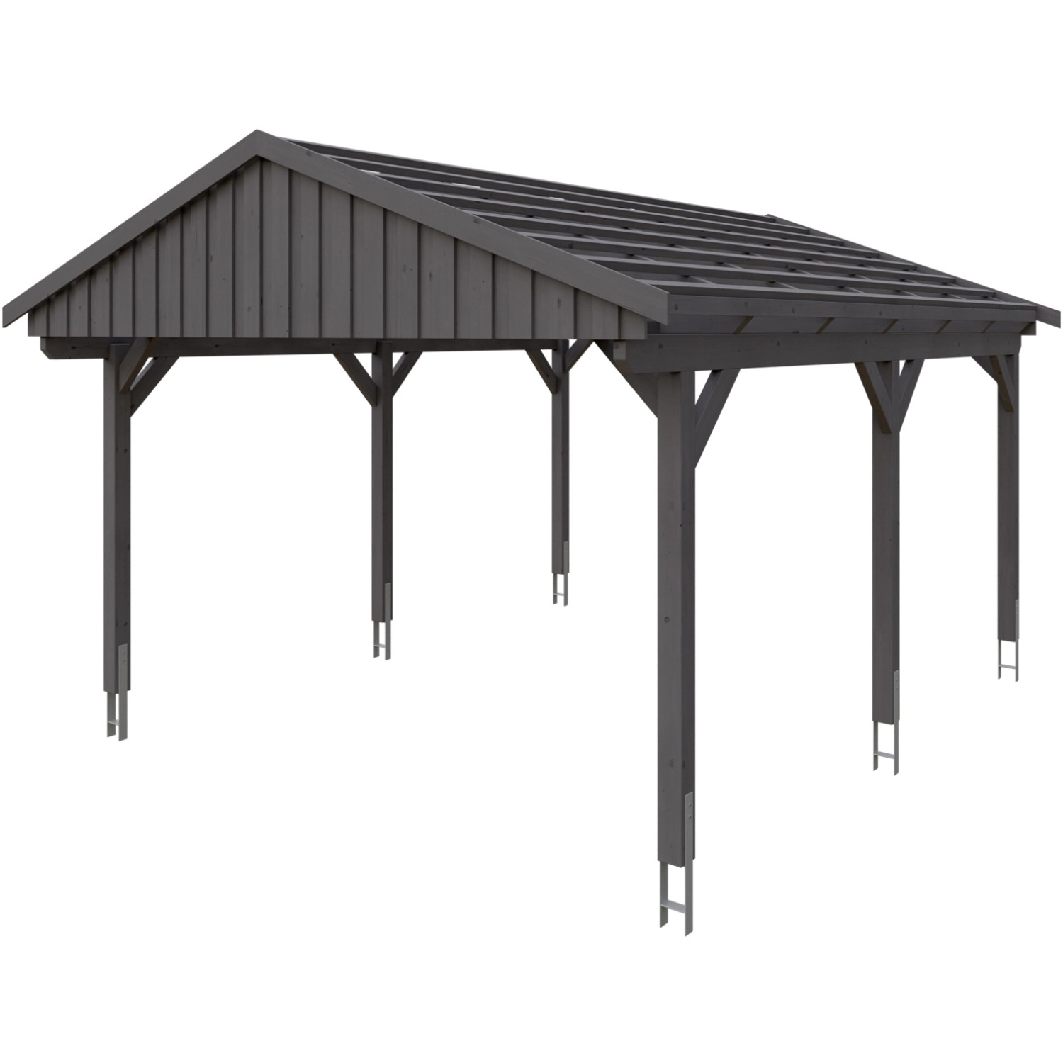Skan Holz Carport Fichtelberg, schiefergrau, mit Dachlattung. Einzelcarport aus Fichte mit sechs Pfosten.