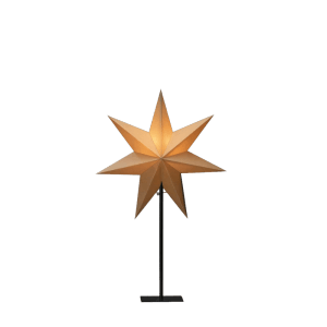 Beleuchteter Papier-Stern in Beige auf schwarzem Standfuß. Stehende Weihnachtsfigur für Innen.