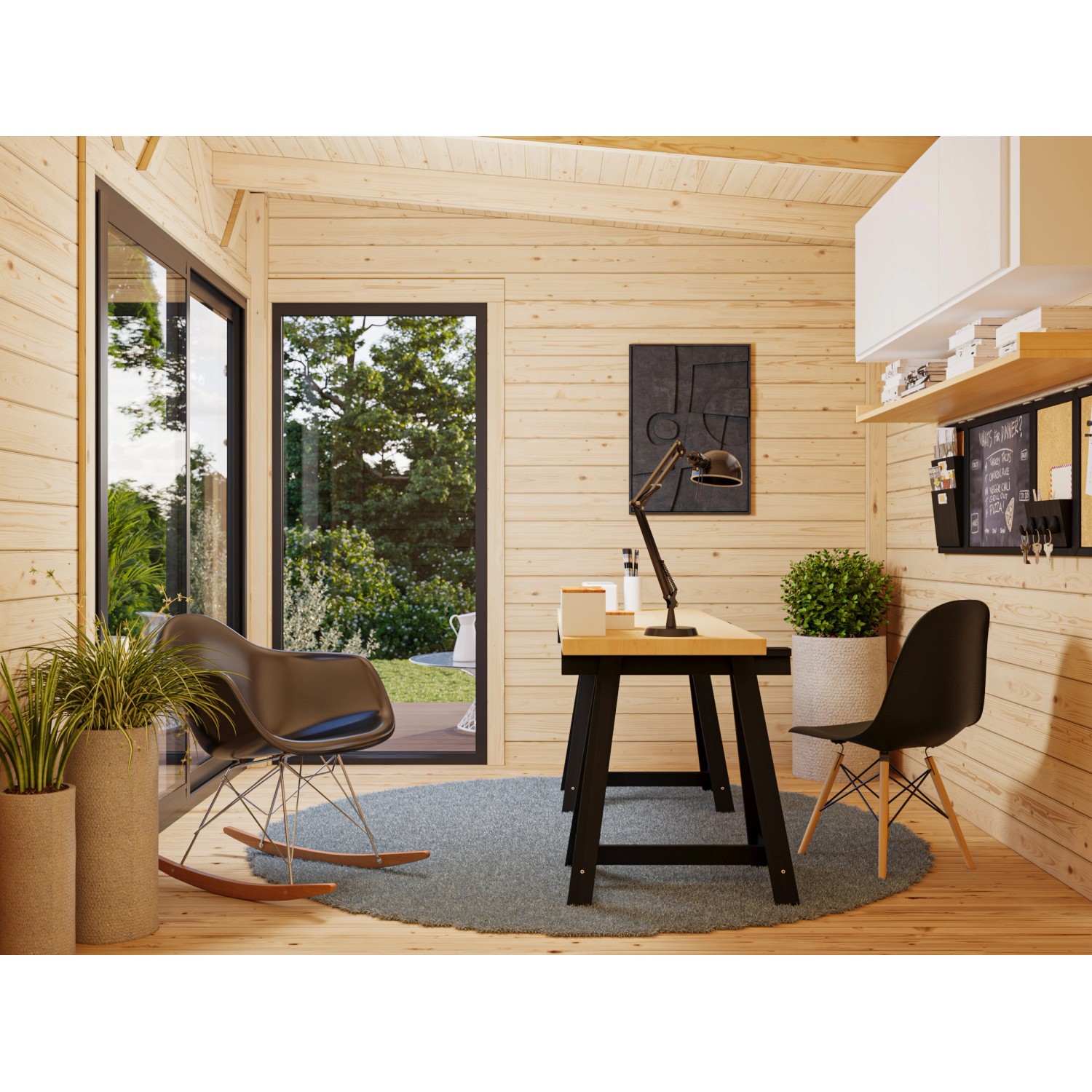 Innenansicht Palmako Gartenhaus Andrea Slide Plus mit Schiebetür und Büroausstattung.