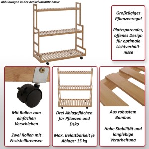 Bambus Pflanzenregal mit 3 Ablagen und Rollen, naturfarben, 105x90x38cm.