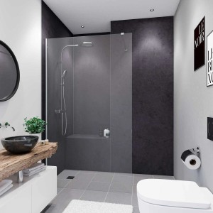 Beispiel Badezimmer mit Breuer Duschrückwand Soft-Touch Stein Anthrazit, 100x210 cm.