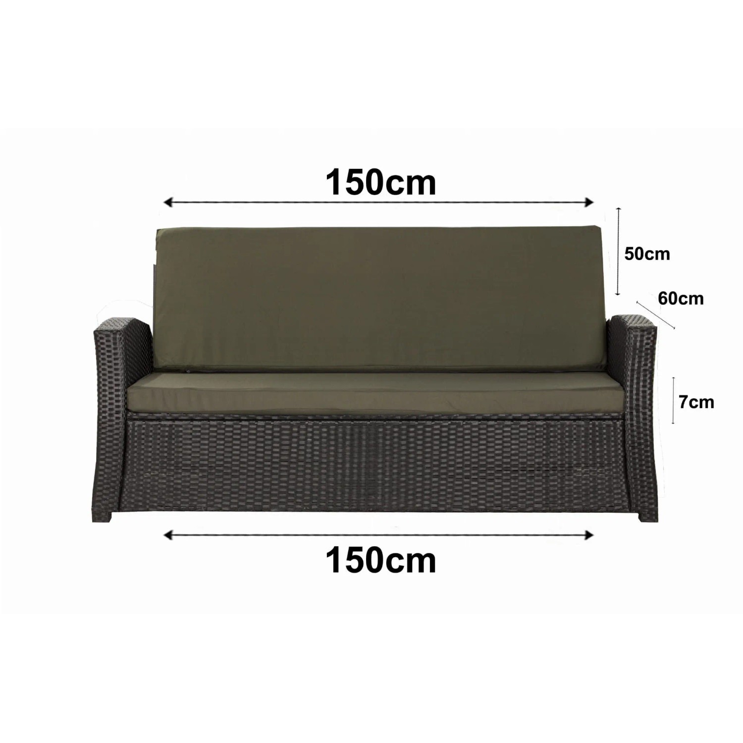 Grünes Gartenkissen-Set (150x60x50cm) für 3-Sitzer Polyrattan Gartensofa. Bequeme Sitzauflage.