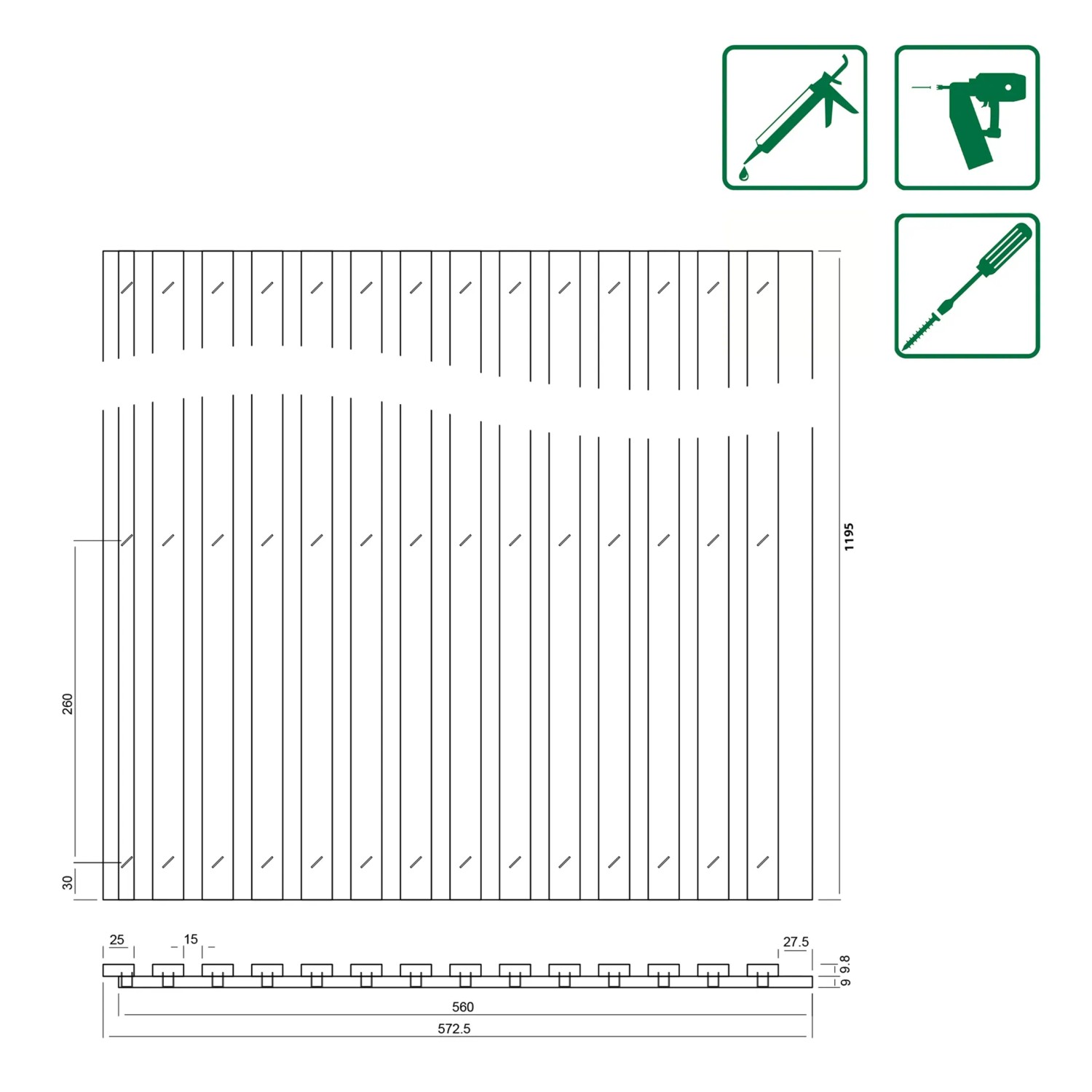 Technische Zeichnung: FN Acustico Akustikpaneel Walnuss Furniert, Filz Schwarz, Maße.