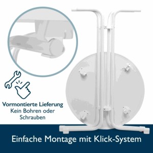 Zusammengeklappter, weißer Beautissu Stehtisch Sylt mit Husse, Unteransicht mit Details zum Klick-System.