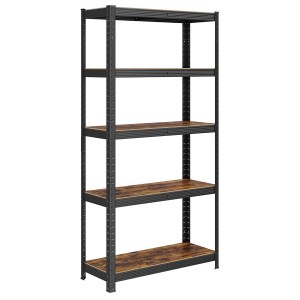 Songmics Standregal Cozory, braun-schwarz, mit 5 Regalböden und schwarzem Metallgestell.