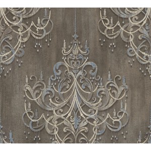 Vliestapete mit Barock Kronleuchter Muster in Braun und Blau.