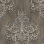 Vliestapete mit Barock Kronleuchter Muster in Braun und Blau.