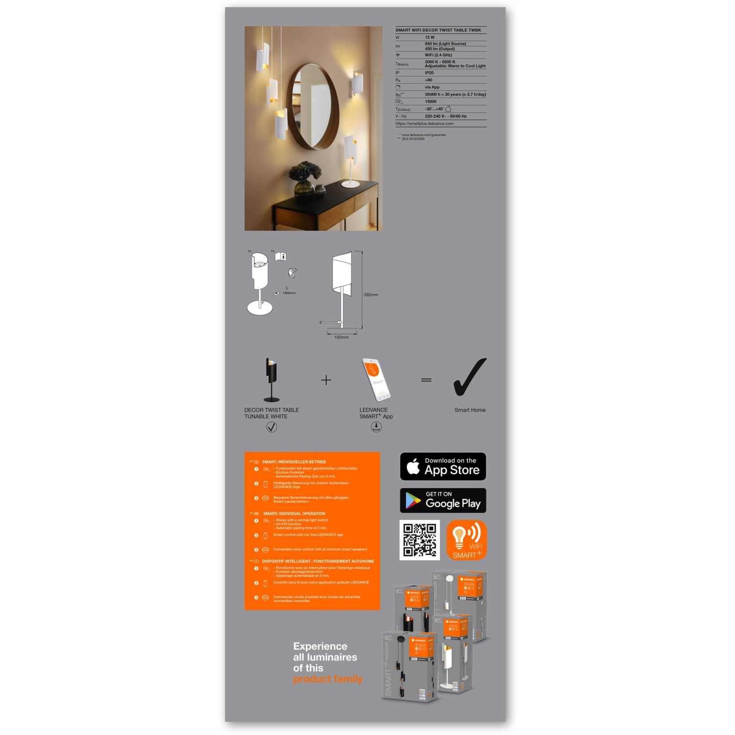 Produktinformationen zur Ledvance Smart+ WiFi Tischlampe Decor Twist Schwarz, 39,2 cm.